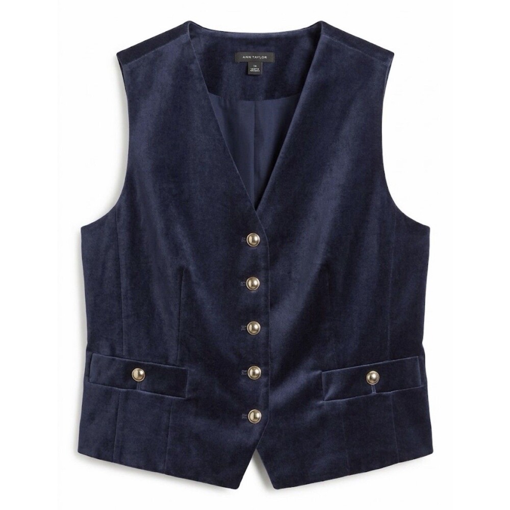 Ann Taylor Women's Navy Blue Velvet Vest, Size 14, Gold Buttons, Pockets, Lined
